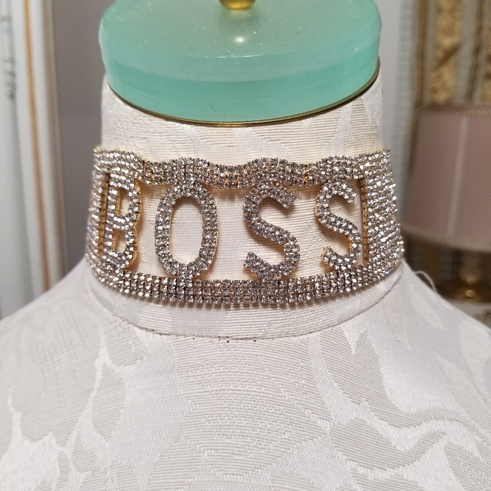 Rhinestone BOSS choker with gold accents